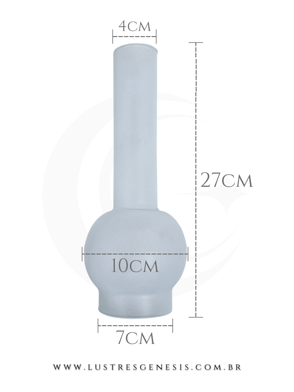 Vidro manga chamin&eacute; fosca para c&uacute;pulas de lumin&aacute;rias e lampi&atilde;o, com dimens&otilde;es de 27 cm de altura, 10 cm de di&acirc;metro na parte mais larga, 7 cm na base e 4 cm na abertura superior.